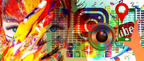 Einwilde Darstellung in bunten Farben von Symbolen der Internetmedien und einem Gesicht