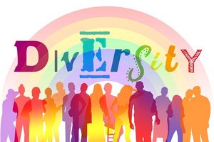Eine Gruppe von skizzenhaft verschiedenen Menschen in verschiedenen Farben mit dem vielfarbigen Schriftzug Diversity darüber ist zu sehen