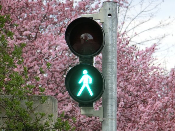 Das Bild zeigt eine Fußgängerampel, die auf grün steht