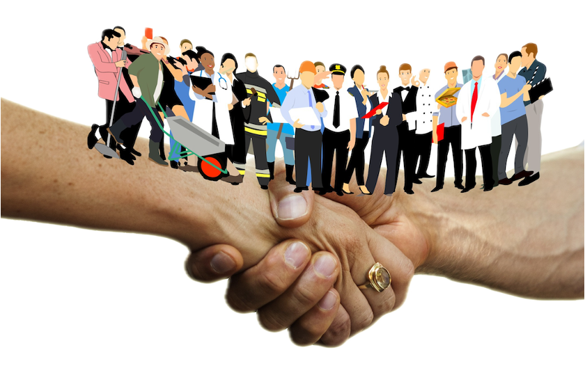 zwei Hände fassen sich wie bei einer Begrüßung; darauf sind Personen montiert, die aus verschiedenen Zusammenhängen stammen.